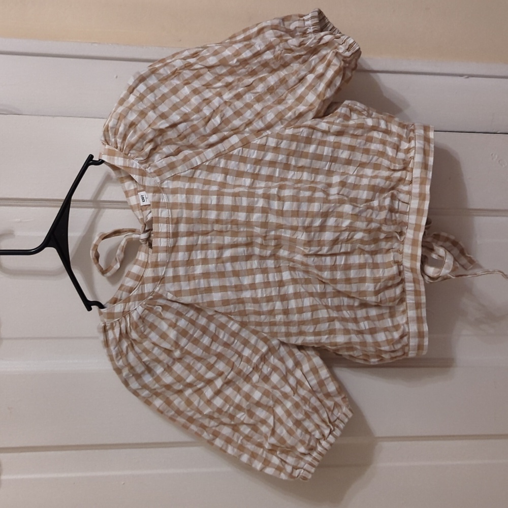 Open Back Puff Sleeve Gingham Shirt